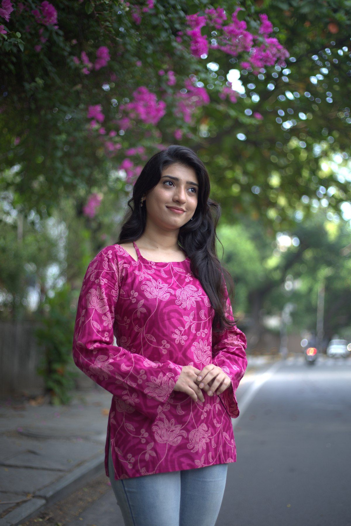Plum lotus-print top with square neck and full sleeves